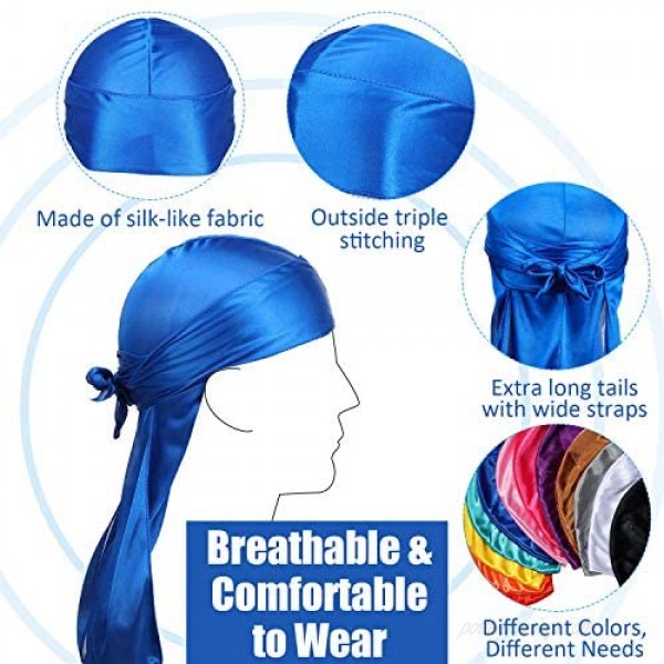 SATINIOR 12 Pieces Silky Durag Long Tailed Turban Headwear Beanie Cap Headwraps for Men Women Running Fitness Cycling Hiking Camping Multiple Colors Multicoloured Medium