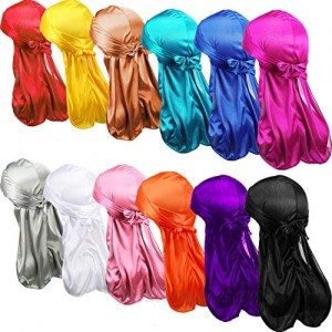SATINIOR 12 Pieces Silky Durag Long Tailed Turban Headwear Beanie Cap Headwraps for Men Women Running Fitness Cycling Hiking Camping  Multiple Colors  Multicoloured  Medium