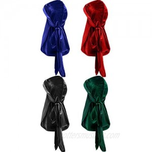 Tatuo 4 Pieces Men's Velvet Durag with Long Tail Soft Durag Headwraps for 360 Waves (Black Green Red Royal Blue)
