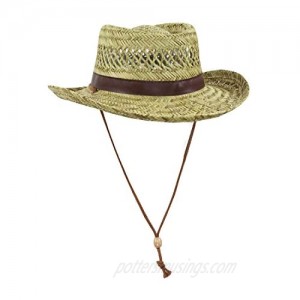 Classic Straw Flat Top Gambler Sun Hat w/ Vegan Leather and Chin Strap