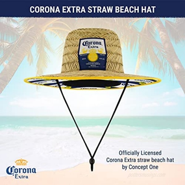 Corona Straw Beach Lifeguard Hat with Extra Logo Lined Large Brim Blue and Yellow Stripes One Size
