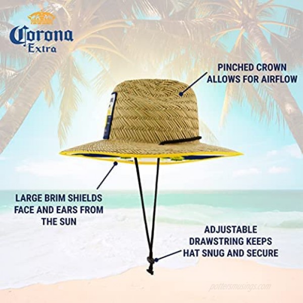 Corona Straw Beach Lifeguard Hat with Extra Logo Lined Large Brim Blue and Yellow Stripes One Size