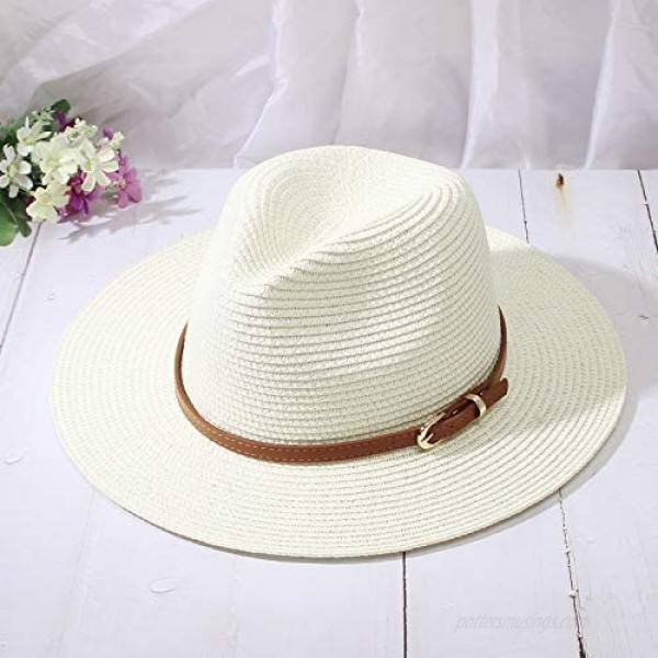 EOZY Panama Women Wide Brim Roll up Hat Fedora Beach Sun Hat (Light Beige 22.04''-22.8'')