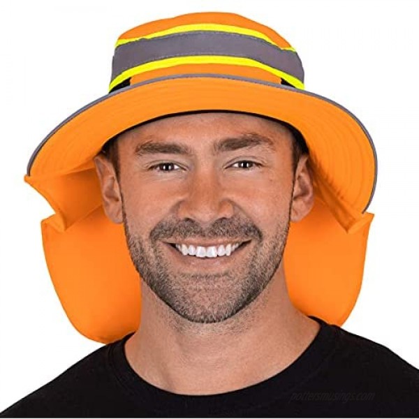 Hi-Visibility Reflective Safety Polyester UPF 50+ Sun Hat Wide Brim with Neck Flap Breathable Boonie Hat Bucket Cap