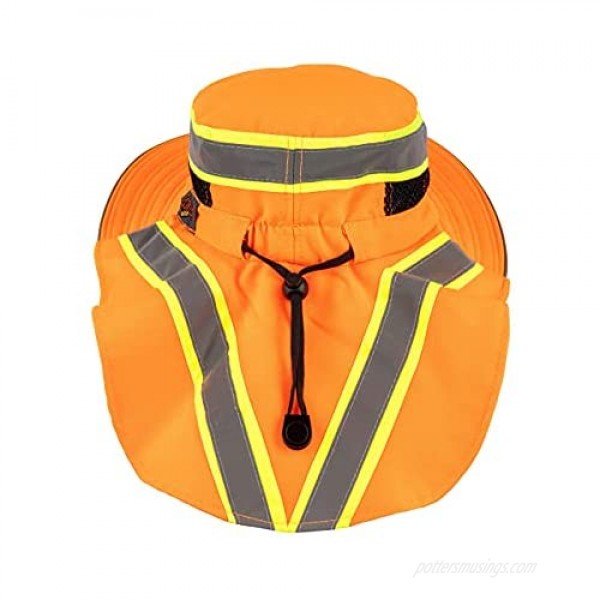 Hi-Visibility Reflective Safety Polyester UPF 50+ Sun Hat Wide Brim with Neck Flap Breathable Boonie Hat Bucket Cap