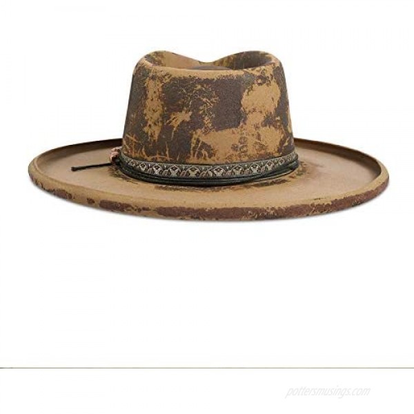 Vintage Fedora Firm Wool Felt Panama Rancher Hat Classic for Men Women Wide Brim with Strip Lightning Logo Distressed