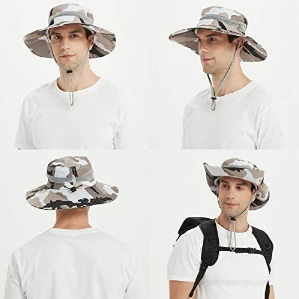ZLYC Mens Waterproof Camo Sun Hat Wide Brim Packable Outdoor Mesh Fishing Bucket Hats