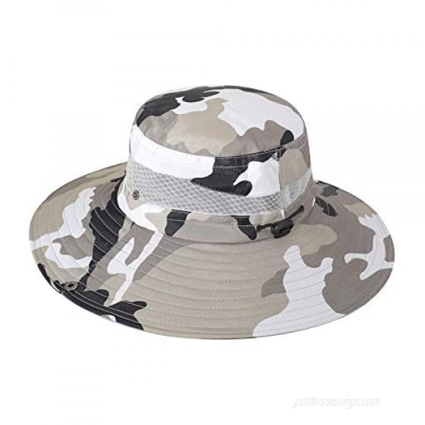 ZLYC Mens Waterproof Camo Sun Hat Wide Brim Packable Outdoor Mesh Fishing Bucket Hats