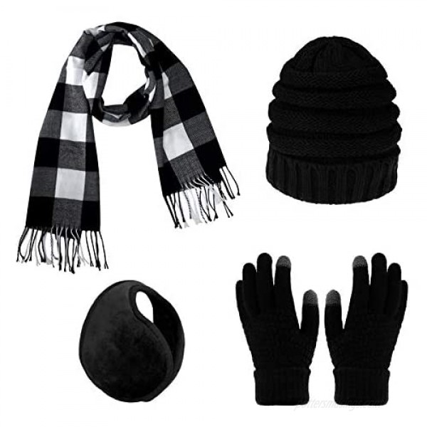 Dxhycc Winter Warm Sets Knitted Beanie Hat Touch Screen Gloves Plaid Scarf and Earmuff for Men or Women