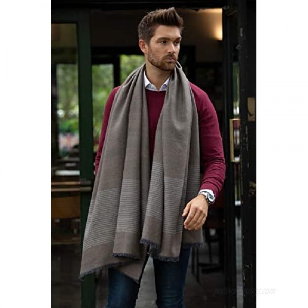likemary Mens Merino Wool Blanket Scarf Oversize Muffler & Travel Blanket Wrap Ethical & Handwoven with Stripes 100 x 200cm