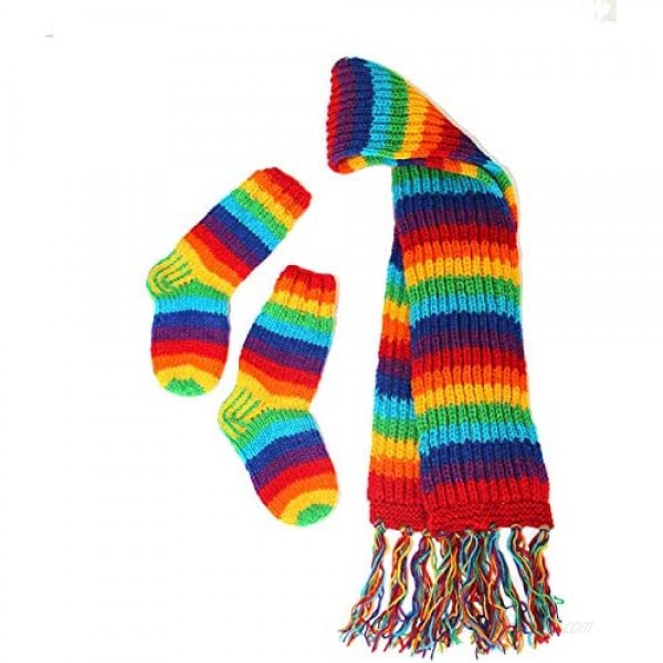 Rainbow woollen Long scarf and socks set Hand Knitted Lounge Winter - Mens Womens