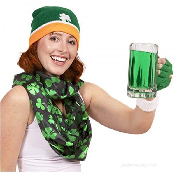 St. Patrick's Day 17.5X .63 Infinity Scarf Set; (2-Pack) Shamrock Scarves White & Black with Green Shamrocks