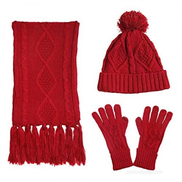Women Scarf Gloves Hat Set Pom Beanie Touch Screen Gloves Long Scarf Soft Warm Thick Cable Knit 3PCS Cold Weather Winter Set