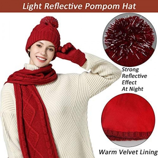 Women Scarf Gloves Hat Set Pom Beanie Touch Screen Gloves Long Scarf Soft Warm Thick Cable Knit 3PCS Cold Weather Winter Set