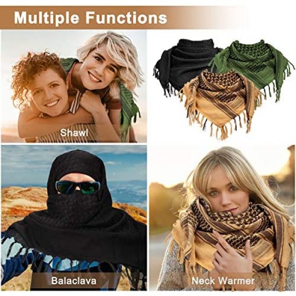 3 Pieces Military Shemagh Tactical Desert Scarf Keffiyeh Fringe Scarf Arab Plaid Head Wrap Scarf for Women Men