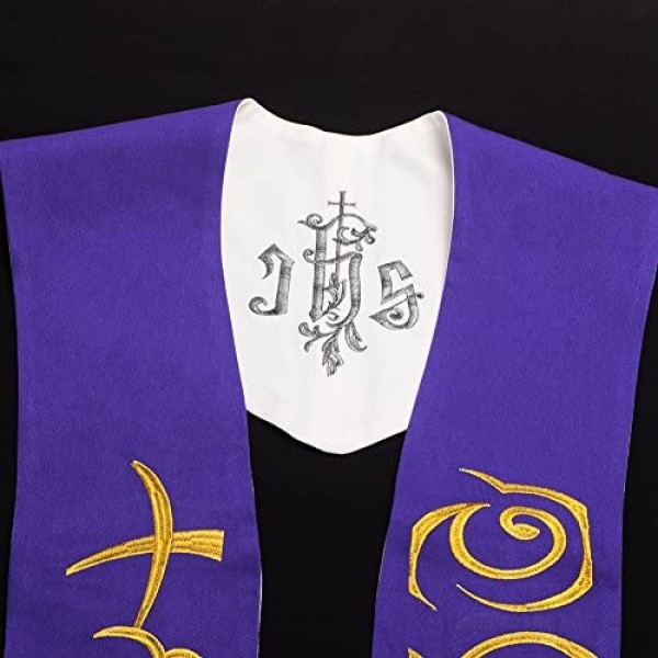 BLESSUME Reversible Stole Chasuble Vestments Priest IHS Embroidery Overlay Stole