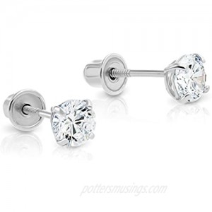 14k White Gold Solitaire Cubic Zirconia CZ Stud Earrings with Secure Screw-backs