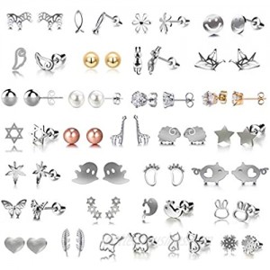 30 Pairs Assorted Stainless Steel Stud Earrings for Teen Girls - Hypoallergenic Stud Earrings for Young Women-Fairy earrings Faux Pearl Earrings Pink CZ Cat Stud Earrings for Teens Girls