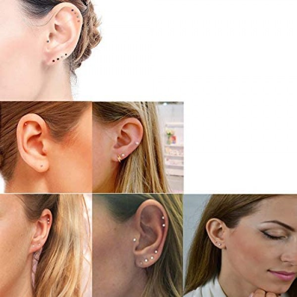 6 Pairs 14K Gold Plated 316L Surgical Steel Cartilage Piercing Tiny Stud Earrings 20G Style Ball - Pearl - Cubic Zirconia - Disc Color Gold - Silver - Rose Gold - Black Diameter 1mm to 3mm…