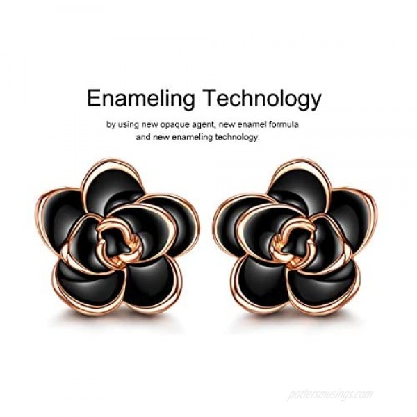 AllenCOCO 18K Gold Plated Black Rose Flower Stud Earrings for Women