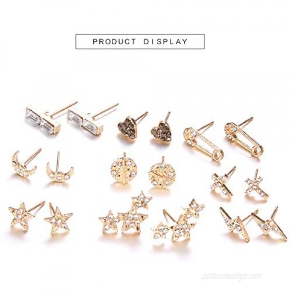 Asooll 9Pairs Star Heart Moon Multiple Stud Earrings set Fashion Stud Earring Set for Women and Girls