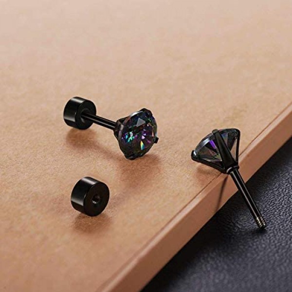 Black Stud Earrings Set Rainbow Topaz 3/4/5/6/7/8mm 316L Stainless Steel Earrings for Women Men Barbell Stud Ear Jewelry