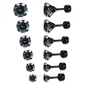 Black Stud Earrings Set Rainbow Topaz 3/4/5/6/7/8mm 316L Stainless Steel Earrings for Women Men Barbell Stud Ear Jewelry
