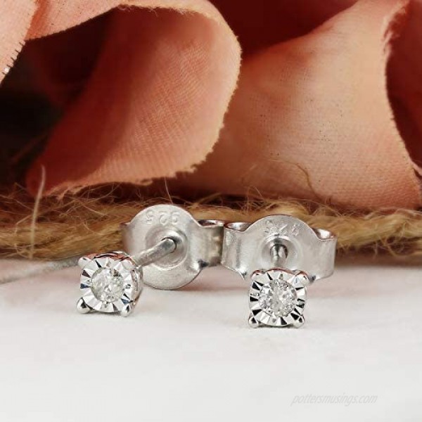 Diamond Wish Sterling Silver Round Diamond Stud Earrings (0.08 cttw Good I2-I3) 4-Prong Basket Set Push-Back Clasps