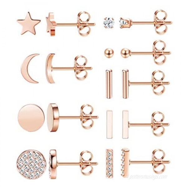FIBO STEEL 9 Pairs Stainless Steel Star Moon Stud Earrings for Women Cute Bar CZ Stud Earring Set