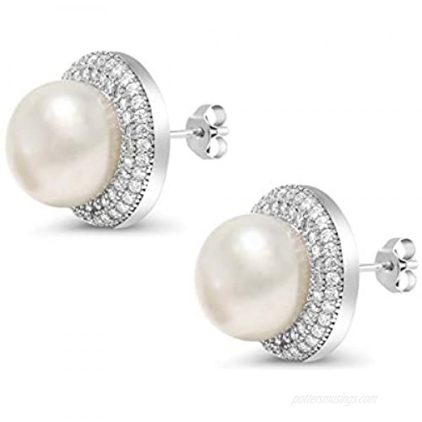 Gem Stone King 925 Sterling Silver 9MM Cultured Freshwater Pearl Button Stud Earrings