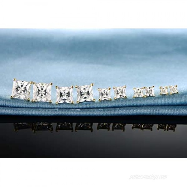 GEMSME 18K Yellow Gold Plated Princess Cut Clear Cubic Zirconia Stud Earrings Pack of 5