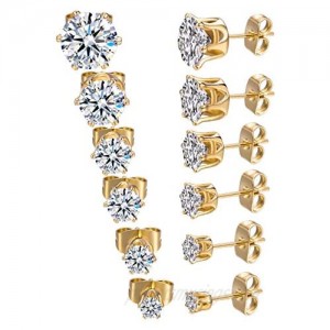 GEMSME 18K Yellow Gold Plated Round Cubic Zirconia Stud Earrings Pack of 6