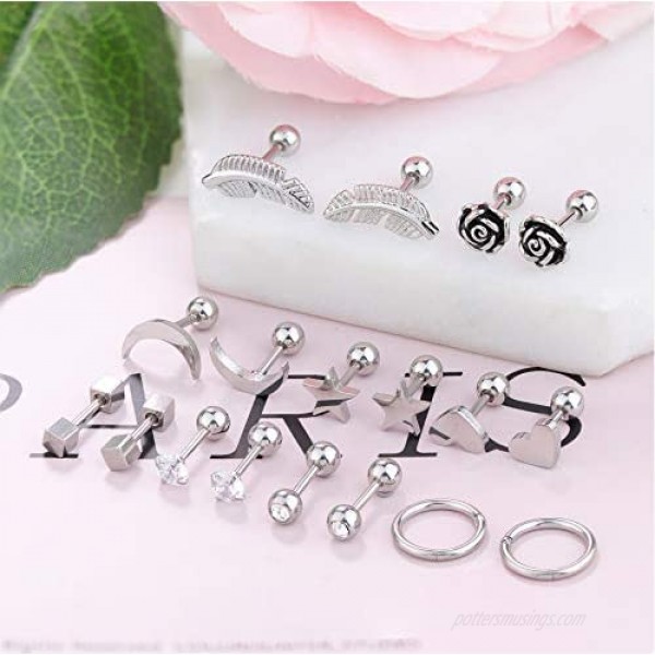 Jstyle 9Pairs 316L Surgical Steel Ear Cartilage Stud Earrings for Men Women CZ Barbell Helix Tragus Stud Piercings Jewelry