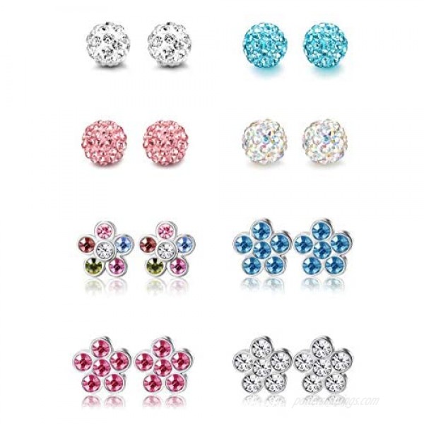 LOYALLOOK 8Pairs Stainless Steel Stud Earrings for Women Colorful CZ Flowers Shape Earrings Ball Screwback Earrings Tragus Cartilage Piercing