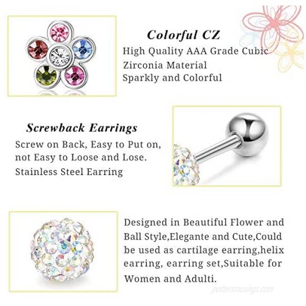 LOYALLOOK 8Pairs Stainless Steel Stud Earrings for Women Colorful CZ Flowers Shape Earrings Ball Screwback Earrings Tragus Cartilage Piercing