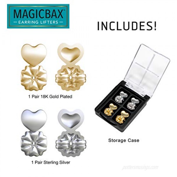 Magic Bax Earring Lifters - 2 Pairs of Adjustable Hypoallergenic Earring Lifts (1 Pair of Sterling Silver Plated and 1 Pair of 18K Gold Plated) As Seen on TV