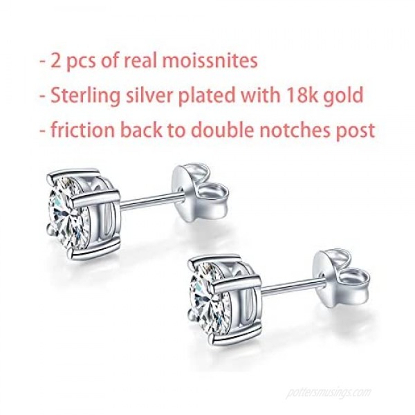 Moissanite Earrings Lab Created Diamond Earrings with 2 pieces of DEF Color Brilliant Round Cut Moissanite in Sterling Silver with 18K White Gold Plated with Safety Friction Back