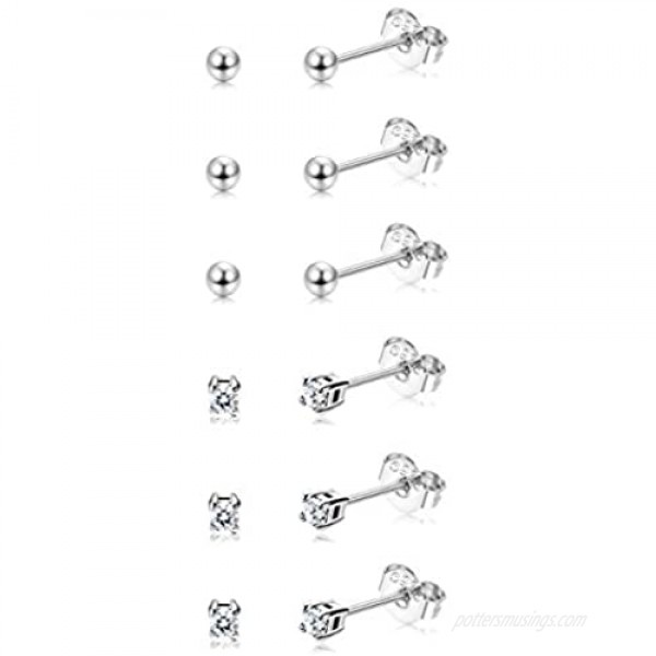 Sllaiss 6 Pairs Sterling Silver Tiny Ball Stud Earrings for Women Girls Round CZ Earrings Set
