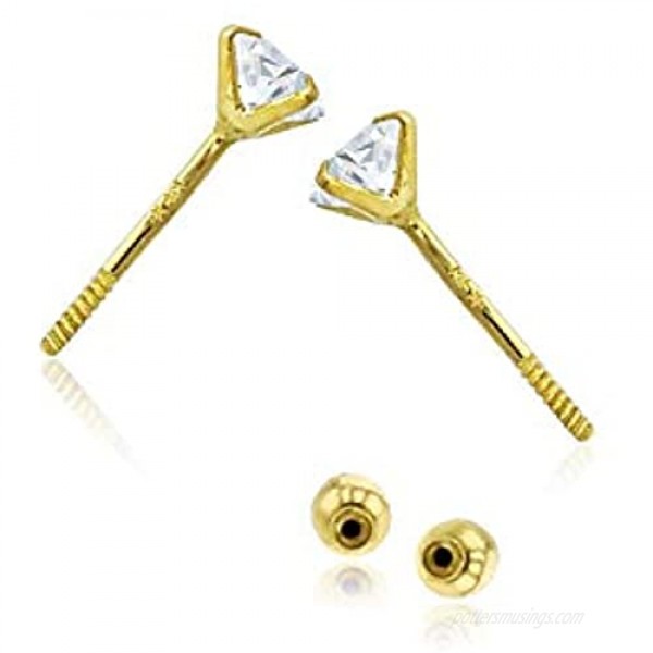 Solid 14k Yellow Gold Hypoallergenic Round Heart Square Cubic Zirconia Cubic Zirconia Solitaire Stud Earrings For girls With Secure Ball Screw Backs For Women 3mm-7mm