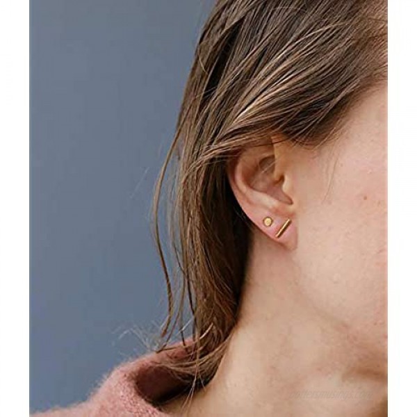 Sterling Silver Stud Earrings for Women Men- 4 Pairs of Hypoallergenic Simple Geometric Small Stud Earring Set Tiny Circle Triangle Square Bar Stud Earrings Mini Cartilage Tragus Earrings