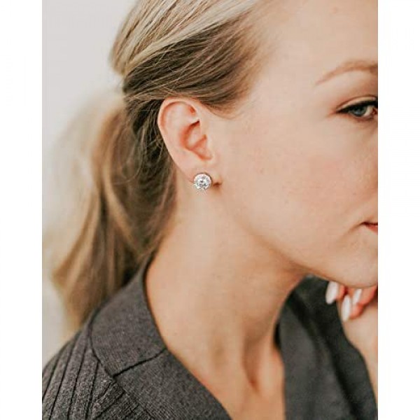 SWEETV Cubic Zirconia Stud Earrings 8mm Round Cut Rhinestone Hypoallergenic Earrings for Women & Girls