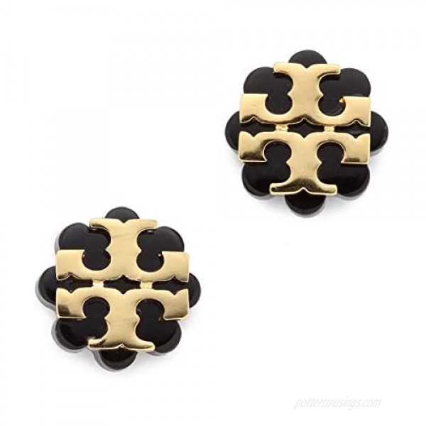 Tory Burch Flower Resin Logo Earrings - Black Gold
