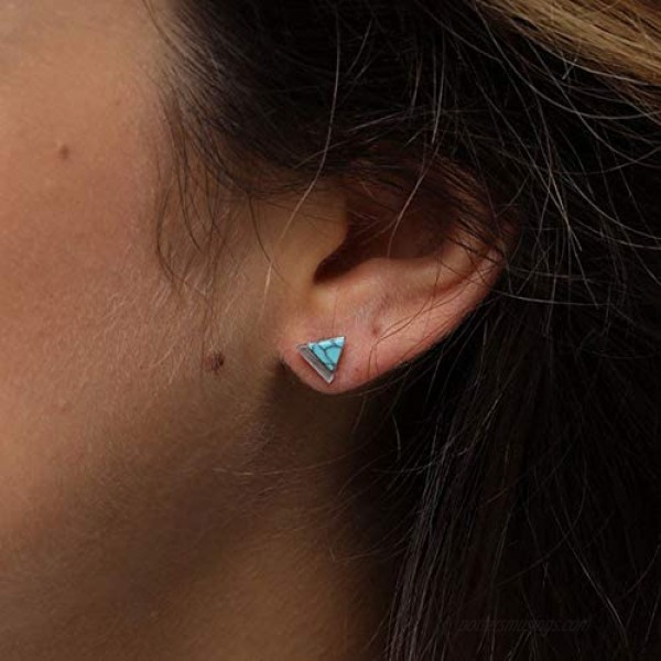 Turquoise/Howlite Stud Earrings Sterling Silver Triangle Cut Brushed Finish Fine Jewelry for Women