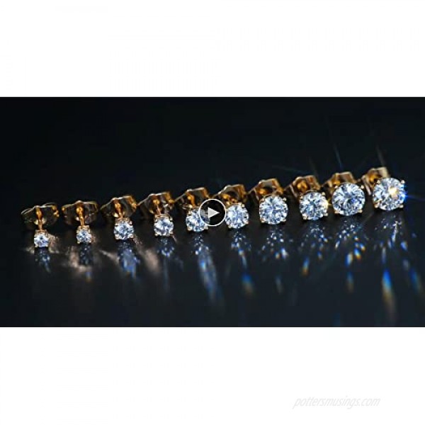 Women's 14K Gold Plated CZ Stud Earrings Simulated Diamond Round Cubic Zirconia Ear Stud Set（5 Pairs)