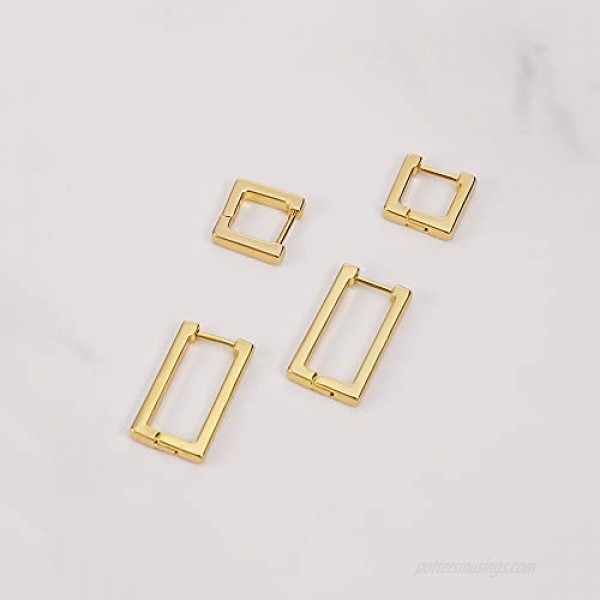 2 Pairs 14K Gold Plated Minimalist Hoop Earrings Small Dainty Geometric Square and Rectangle Huggies Hoops for Girls Women Gift