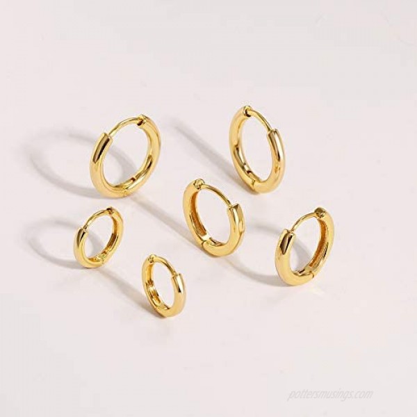 3 pairs 14K Gold Plated Huggie Hoop Earrings for Women Minimalist Gold Huggie Hoop Earrings Simple 3 sizes Hoop Earrings for Women Men gift Gold and Silver…