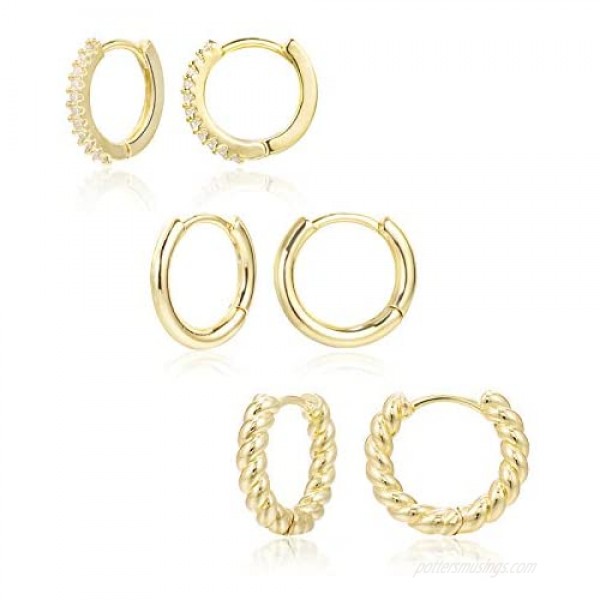 3 Pairs Small Huggie Hoop Earrings Set 14K Gold Hypoallergenic Lightweight Huggie Hoops Earrings for Women Girls