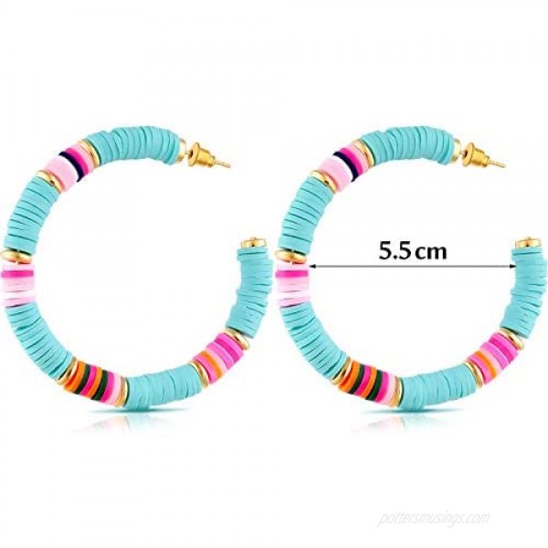4 Pairs Heishi Hoop Earrings Rainbow African Vinyl Disc Bead Earrings Colorful Heishi Beaded Open Hoop Earring for Women