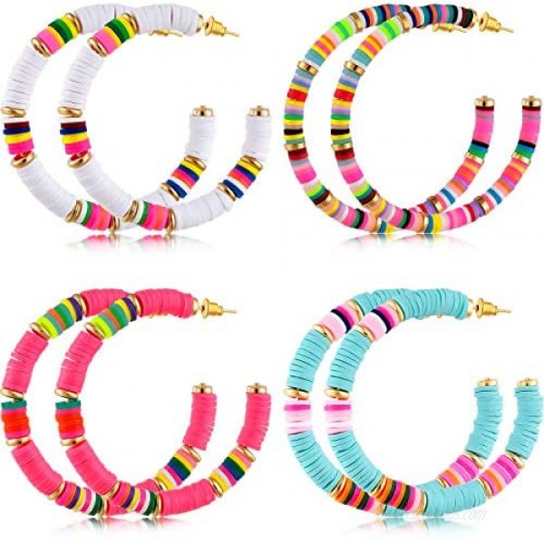 4 Pairs Heishi Hoop Earrings Rainbow African Vinyl Disc Bead Earrings Colorful Heishi Beaded Open Hoop Earring for Women
