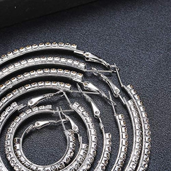 7 Pairs Gold Silver Big Shiny Crystal Hoop Earrings Set 3-10cm Large Round Party Earrings Set Jewelry for Gift Wedding Date